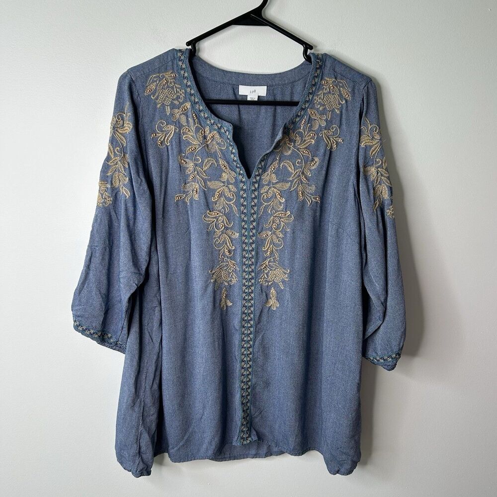 J.JILL PLUS Medium P DENIM CHAMBRAY Top TUNIC BLOUSE BEIGE EMBROIDRY BEADS